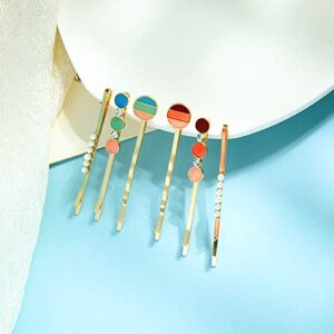 6pcs Multicolor Circular Enamel Hair Bobby Pins Simple Metallic Barrettes Fashionable Hair Clips for Women Girls, Pearl Hairpins Crystal Rhinestone Bobby Pins