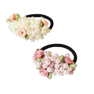 2Pcs Pearls Hair Elastics & Ties Ponytail Holders Rose Flower Pigtail Ties Headwear Scrunchies Hair Accessories for Women Girls