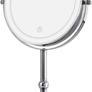 Double-Sided LED Makeup Mirror, Chrome, Tabletop Vanity Mirror with Touch Control, 360??Rechargeable Double Sided Magnifying Vanity Mirror with 3 Colors, 1x/10x, Rotation, Brightness