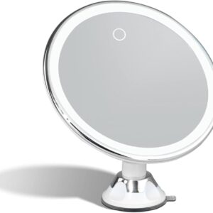 Rechargeable 10X Magnifying Makeup Mirror with 3 Light Settings - Large 8 inch Lighted Travel Vanity Mirror, Locking Suction Cup, 40pcs Dimmable LEDs, 12 Hours Battery Life -