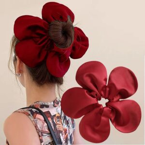 Super Large Flower Hair Loop Fashionable Satin Finish Elastics Bands Fancy Headband, Cute Large Hair Ties Ponytail Decorative Headwear for Girl-Wine Red