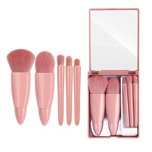 Easy-taken Travel Makeup Brush Set,  5pcs Mini Complete Function Cosmetic Brushes Kit (5pcs with mirror)