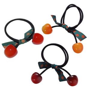 3 Pieces Cute Resin Imitation Cherry Hair Ties Fashion Hair Rope Cherry Bow Hair Ring Elastic Hair Ties Rings Bowknot Hair Rope Headwear Ponytail Holder Hair Accessories for Women Girls