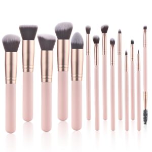 14 Piece Pink Makeup Brushes-Wooden Handle with Soft Synthetic Bristles,for Face & Eye Makeup|Professional Makeup Brushes set for Women & Girls|