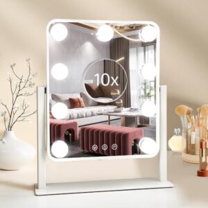 Hollywood Vanity Mirror with Lights,Tabletop Makeup Mirror with 9 LED Lights Smart Touch Control 3 Colors Light 360??Rotation Detachable 10X Magnification