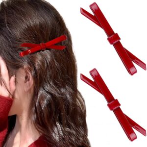 2Pcs Dark Red Bow Barrettes for Women and Girls, Vintage French Hairpin Acrylic Clips, Acetate Bowknot Pins, Fashion Shiny Accessories for Fine Thick Thin Hair
