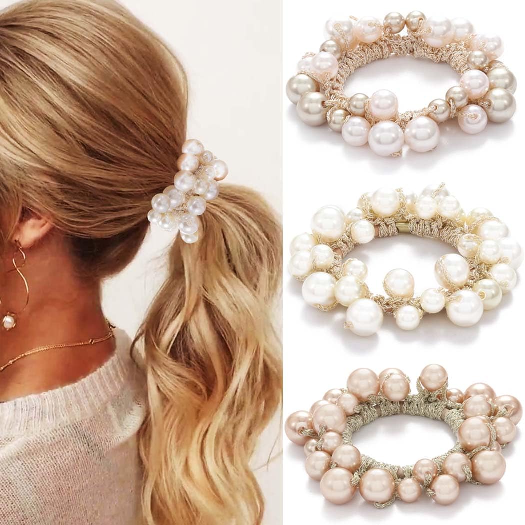 Pearl Hair Scrunchies Beaded Hair Ties Elastic Hair Bands Ponytail Holder Hair Accessories for Women and Girls??Pack of 3??