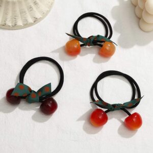 3 Pieces Cute Resin Imitation Cherry Hair Ties Fashion Hair Rope Cherry Bow Hair Ring Elastic Hair Ties Rings Bowknot Hair Rope Headwear Ponytail Holder Hair Accessories for Women Girls
