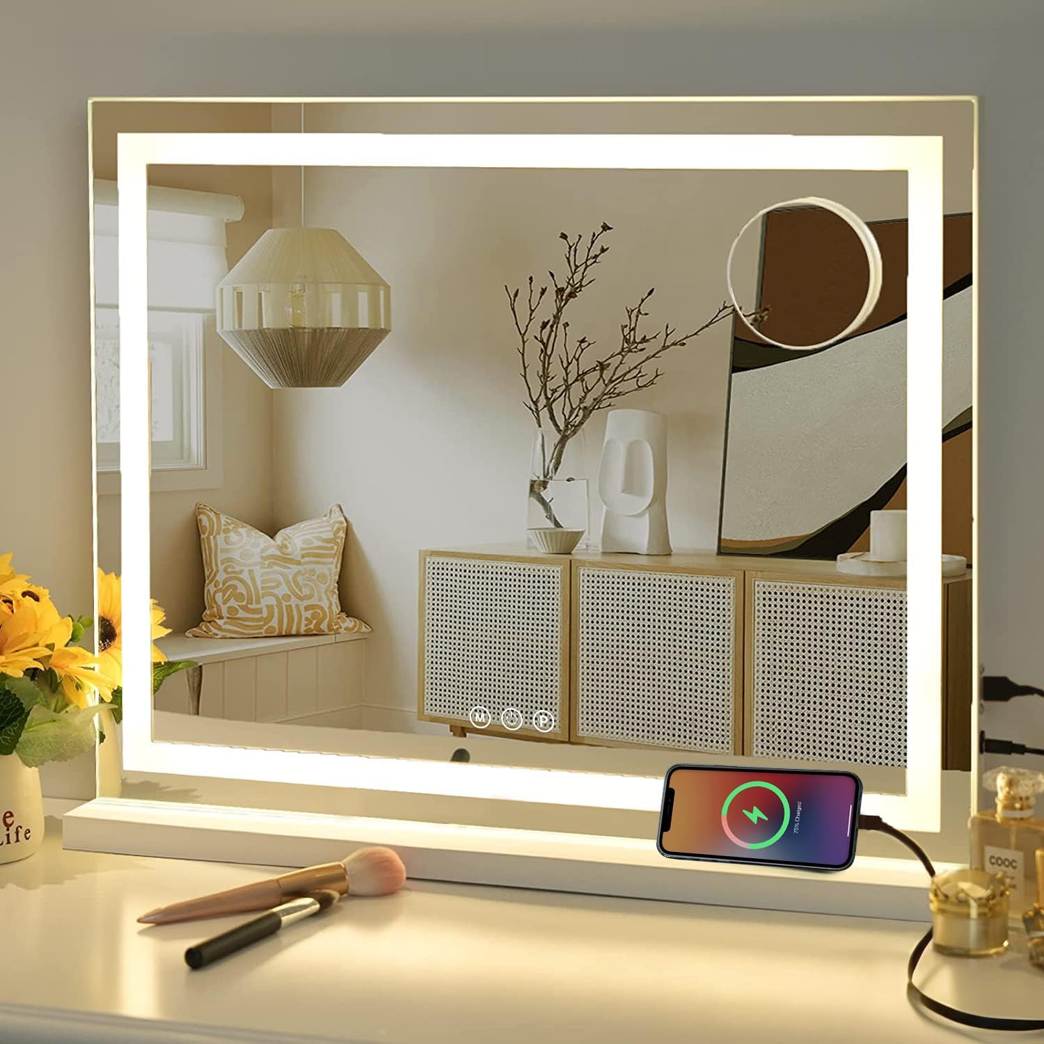 Vanity Mirror with Lights, 23" x 18" Makeup Mirror, Hollywood Mirror with 3 Color Modes & Adjustable Brightness, Detachable 10x Zoom Mirror and USB Charging Design (White)