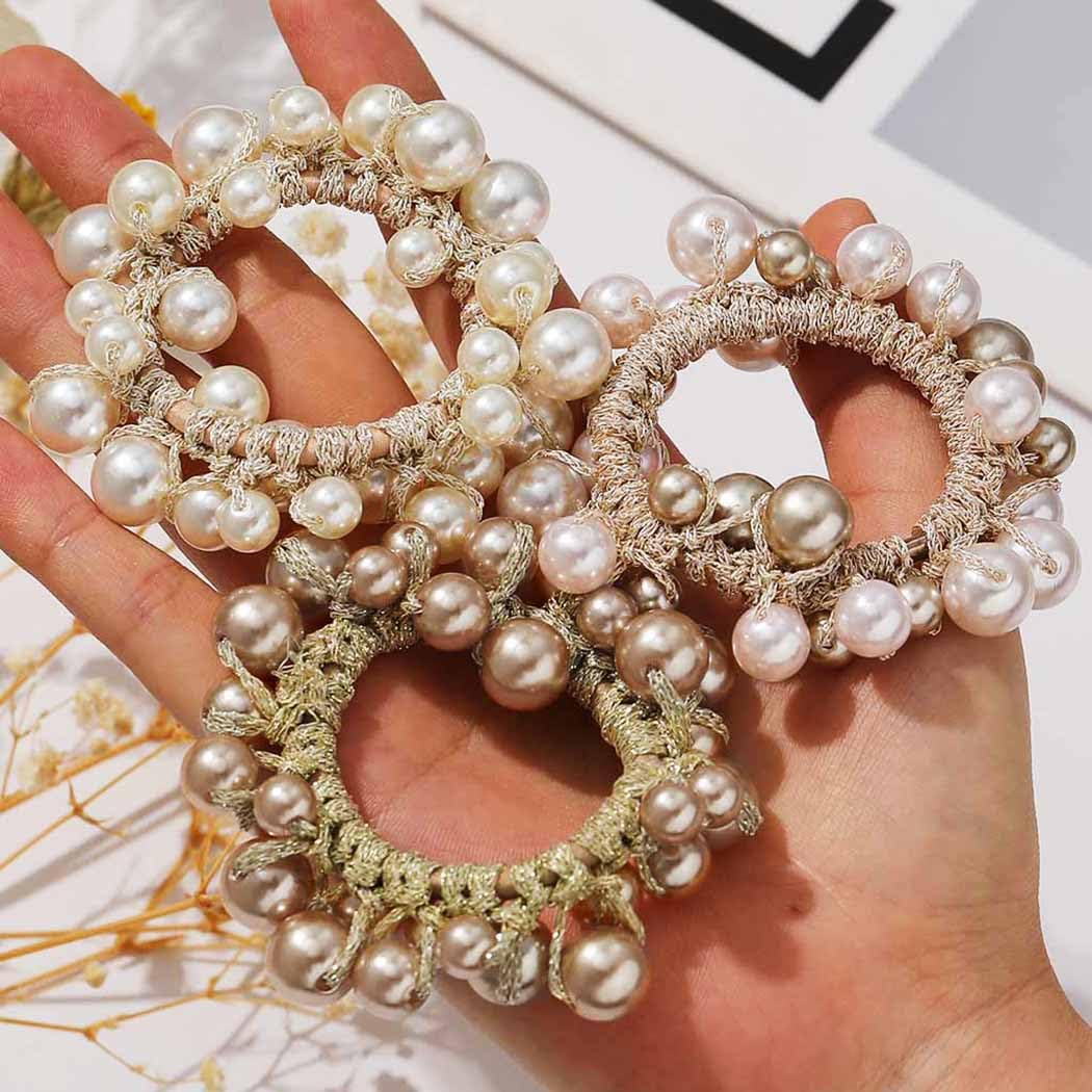 Pearl Hair Scrunchies Beaded Hair Ties Elastic Hair Bands Ponytail Holder Hair Accessories for Women and Girls??Pack of 3?? - Image 2