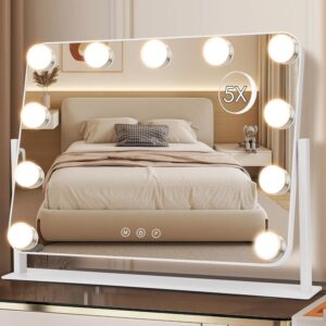 360?? Vanity Mirror with Lights 11 Led Bulbs Hollywood Lighted Makeup Mirror with 5X Magnification Mirror Hollywood Cosmetic Mirror Tabletop Makeup Mirror with 3 Lighting Modes 16x13 Inch