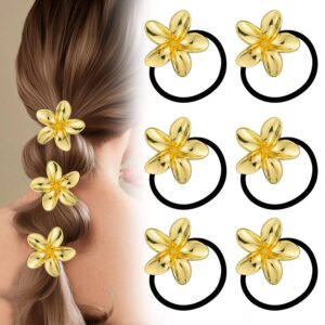 6-Pack Metallic Gold Flower Hair Ties ?C Stretchy Floral Cuff Ponytail Holders for Thick and Thin Hair