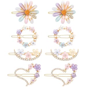 8PCS Cute Hair Clips for Women Girl Daisy Heart Moon Bobby Hairpins Glitter Crystal Flower Rhinestone Barrettes Handmade Metal Jewelry Wedding Prom Valentines Birthday Accessories