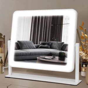 Vanity Mirror with Lights, 14"??12" LED Makeup Mirror, HD Professional Mirror, Smart Touch with 3-Color Lighting, Dimmable, 360?? Rotation, Lighted Up for Makeup Desk, Bedroom (White)