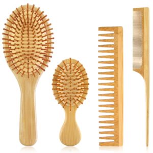 4 PCS Bamboo Hair Brush Set With Natural Wooden Wide-tooth and Tail Comb Big and Mini Paddle Detangling Hairbrush for Women men kids and Baby Thick Thin Curly Straight Dry