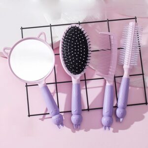 4 Pieces Hair Brush Hair Comb Set For Women Girls Gift Cute shaped Hair Comb Hair Brush Handheld Mirror Set Travel Detangling Massage Brush with Air Cushion For Wet Dry(Purple)