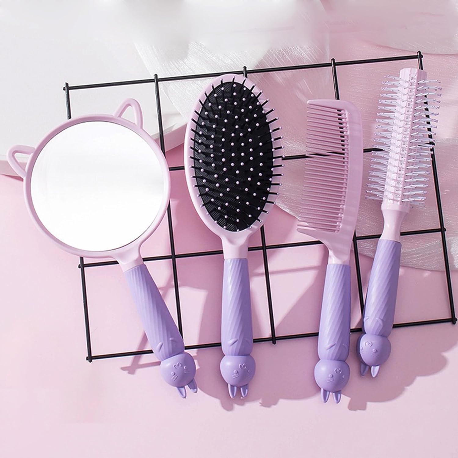 4 Pieces Hair Brush Hair Comb Set For Women Girls Gift Cute shaped Hair Comb Hair Brush Handheld Mirror Set Travel Detangling Massage Brush with Air Cushion For Wet Dry(Purple)