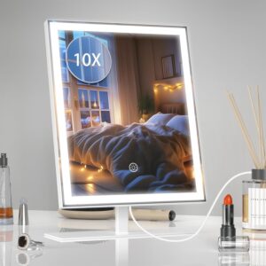 Makeup Mirror with Lights, Dimmable Hollywood Lighted Make Up Mirror, Vanity Mirror with Lights, 3 Color Lighting, Detachable Magnetic 10X Magnification Mirror, Touch Control, 13.5" H x 10" W