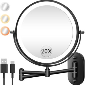 Wall Mounted Makeup Mirror with Light, 20X/1X 8'' Double Sided LED Magnifying Bathroom Lighted Vanity Mirror with Magnification, 3 Color Light up Touch Dimmable Extended Arm 360 Rotation