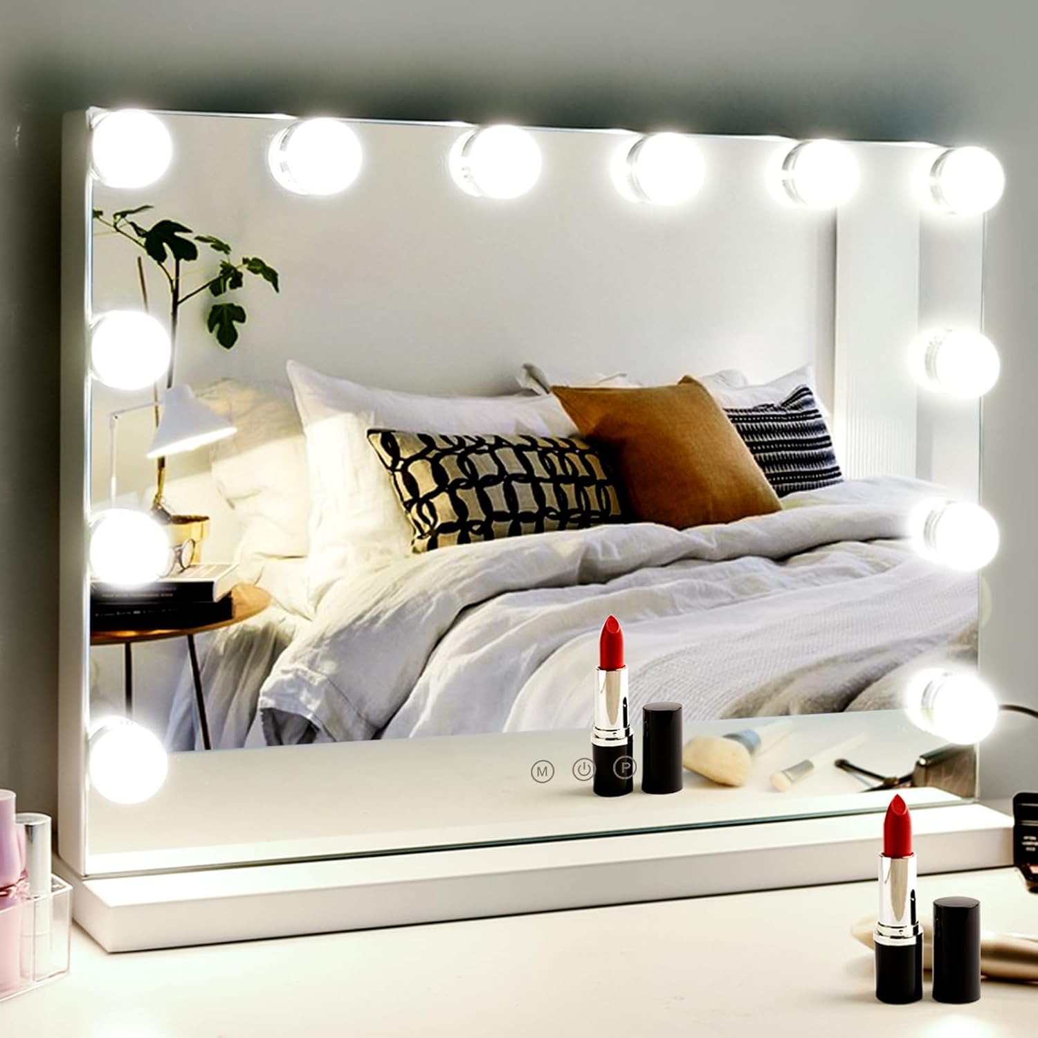 Vanity Mirror with Lights, Lighted Makeup Hollywood Mirror with Dimmable 3 Color Lights LED Bulbs for Desk and Wall, Mirrors with Plug-in and USB Charger for Bedroom