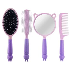 4 Pieces Hair Brush Hair Comb Set For Women Girls Gift Cute shaped Hair Comb Hair Brush Handheld Mirror Set Travel Detangling Massage Brush with Air Cushion For Wet Dry(Purple)