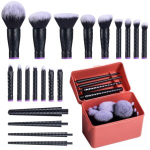 Travel Makeup Brushes ?C Professional and Durable 16-piece Set Detachable Rotating Handles, Eco-Friendly Design, Comes with Storage Barrel(Black case)
