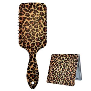 Hairbrush Mirror Set, Small Compact Travel Mirror Air Cushion Comb for Womens Girls, Leopard Hair Brush for All Hair