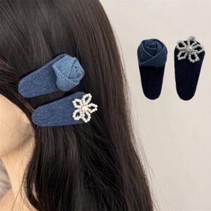 2pcs Blue Denim Hair Clips for Women Girls, Fashion Cute Pearl Flower Snap Hair Barrette Alligator Hairpins Grips, Her Daily Outfits Decor Accessories Birthday Xmas Gift