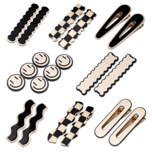 16 PCS Simple No Bend Hair Clips, Black White Checker Barrettes, No Crease Wave Geometric Duckbill pins, Korean Styling Minimalist Hairpin Hair Accessories, Gifts for Women Girls