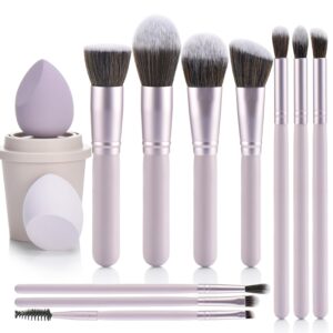 Purple 10Pcs Makeup Brushes, Wooden Makeup Brush set And Sponges And Water Filter Cup??Soft Make up Brush For Women/Girls, For Powder Foundation Eye Shadow Concealer, Etc., (Purple 13Pcs)
