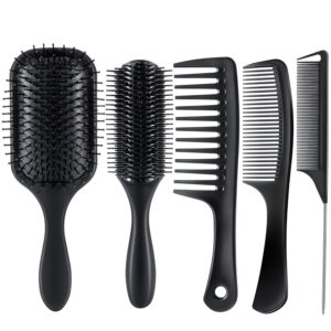 5PCS Hair Brush Comb Set, Women Men Paddle Styling Hair Brushes Wide Fine Tooth Combs, Rat Tail Parting Barber Professional Set for Detangling, Thick, Natural, Thin, Curly