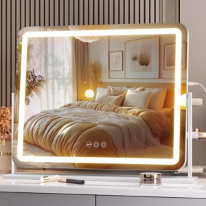 Vanity Mirror with Lights, 22" x 18" LED Makeup Mirror, Light up Mirror with Smart Touch 3 Colors Dimmable, Brightness Adjustment, 360° Rotation (White)