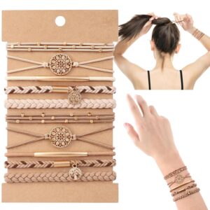 10PCS Hair Ties Bracelet for Women 5 Styles Soft Braided Boho Hair Bands Elastic No Damage Hair Ties for Girls thick Thin Long Curly Hair Accessories(Beige and light coffee)