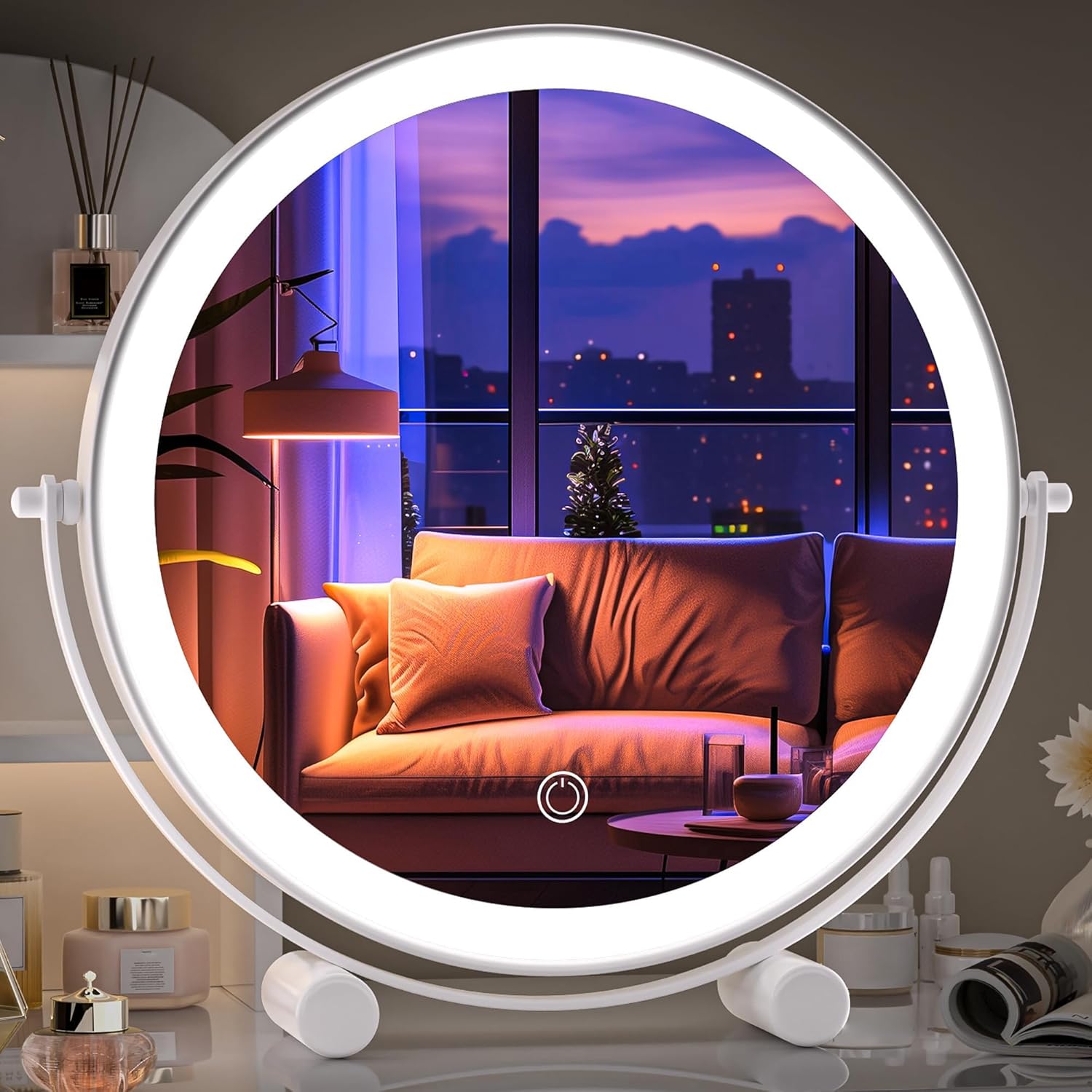 10-inch Lighted Makeup Mirror with Magnification, White Frame Rechargeable 3000 mAh Vanity Mirror with Lights, Desk Mirror with Dimmable Brightness, 3 Lighting Modes