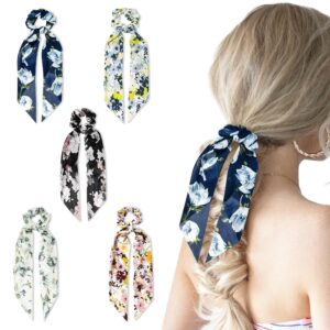 5-Piece Satin Hair Scarf Scrunchies for Women & Girls, Cute Ribbon Bowknot Elastic Hair Ties, Fashion Flower Print Ponytail Holders, Elegant Rubber Bands Scrunchy (Flower Print-01)