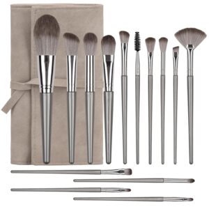 14 Pcs Makeup Brush Set, Professional Eye and Face Foundation Brush Set, Eyeshadow Brushes, Cosmetic Brushes, with Pu Bag, Grayish