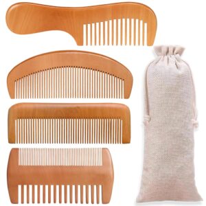 4 Pcs Natural Bamboo Comb Set for Women & Men - Wide Tooth Detangling, Beard & Labor Combs for Curly, Thick, Wavy Hair with Gift Bag