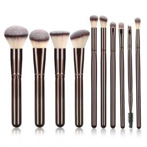10 Piece Black brown Makeup Brushes - Wooden Handle with Soft Synthetic Bristles,for Face & Eye Makeup|Professional Makeup Brushes set for Women & Girls|